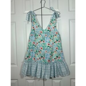 Busy Bees Smocks Womens Small Floral Gingham Tie Shoulder Ruffle Hem V-Neck Top